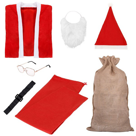 Strój świętego Mikołaja 7 elementowy z workiem jutowym czerwony kostium