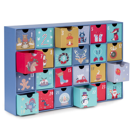 Kalendarz adwentowy, świąteczny 24 szufladki do uzupełnienia, multikolor