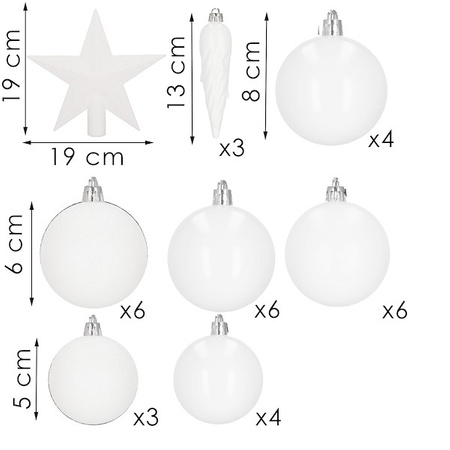 Bombki choinkowe 33 szt. ozdoby świąteczne zestaw z gwiazdą białe