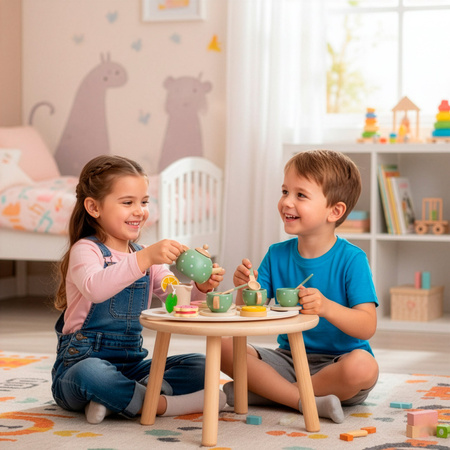 Zestaw śniadaniowy z drewna dla dzieci 14 el. zabawka, kuchenne akcesoria do herbaty