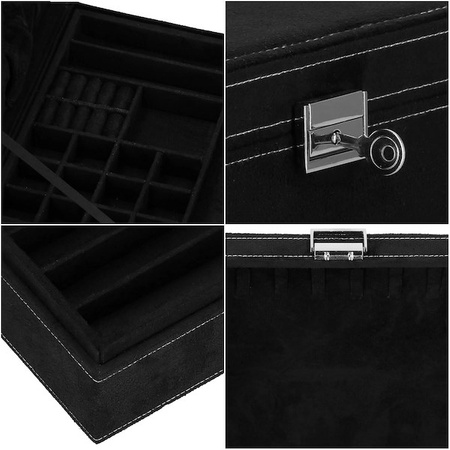Kuferek, szkatułka na biżuterię 26x26x9 cm czarny, welurowy organizer z przegródkami