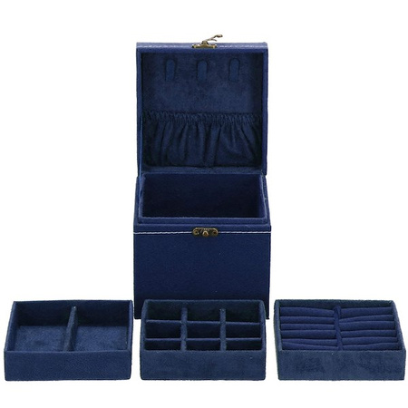 Kufer, szkatułka na biżuterię 12x12x12 cm granatowy z przegródkami welurowy