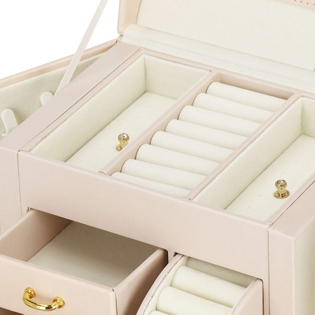 Kufer, szkatułka na biżuterię ekoskóra 17,5x12x13,5 cm jasny różowy z przegródkami