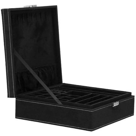 Kuferek, szkatułka na biżuterię 26x26x9 cm czarny, welurowy organizer z przegródkami