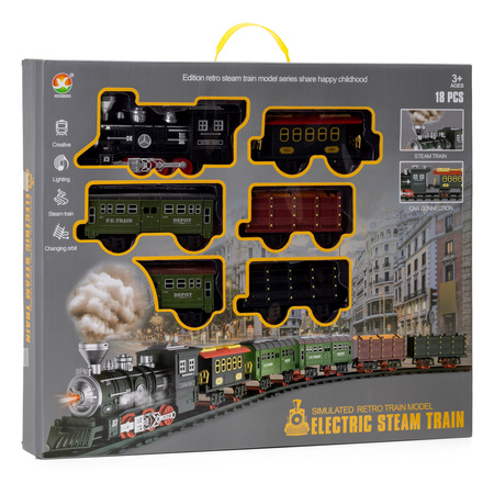 Pociąg parowy z wagonami, pilot do sterowania, tory, zabawka dla dzieci, lokomotywa z mgiełką, dźwiękiem