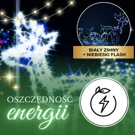 Renifer Led świąteczny z saniami 210 cm świetlna dekoracja biały zimny niebieski flash