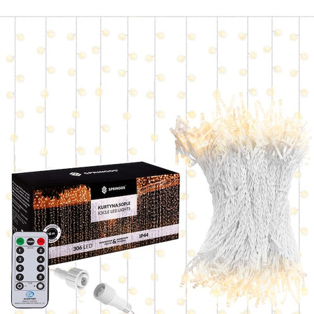 Kurtyna świetlna z pilotem 306 led girlanda, lampki wewnętrzno-zewnętrzne sople ciepły biały