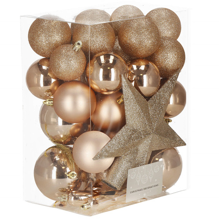 Bombki choinkowe 33 szt. ozdoby świąteczne zestaw z gwiazdą rose gold
