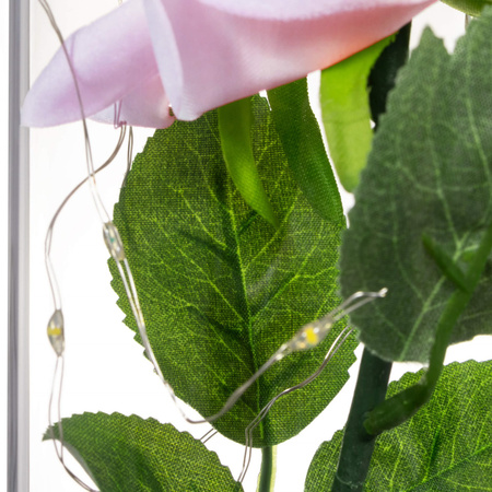 Wieczna róża w szklanym kloszu 22 cm świecąca dekoracja LED sztuczny kwiat różowy