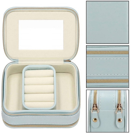 Kufer, szkatułka na biżuterię ekoskóra 11,5x8,5x5,5 cm błękitny z przegródkami