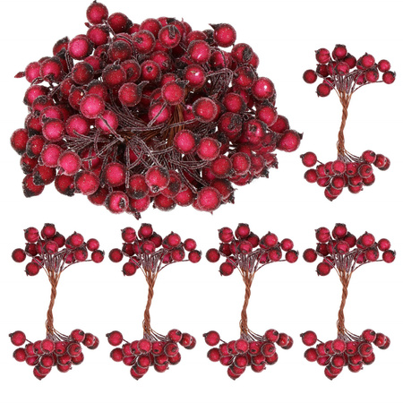 Sztuczna jarzębina ozdobna, oszroniona gałązka 100 szt. ciemna czerwona