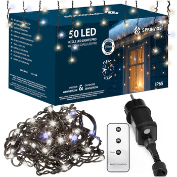 Kurtyna świetlna zewnętrzna PRO 500 Led lampki sople 25 m z pilotem zimny biały + zimny biały flash