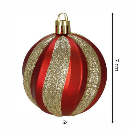 Bombki choinkowe czerwone 6 szt. 7 cm matowe i błyszczące złoty brokat, ze sznureczkami