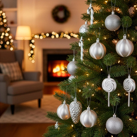 Bombki choinkowe 40 szt. okrągłe, lizaki, szyszki, laski cukrowe nietłukące ozdoby srebrne