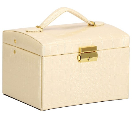 Kuferek, szkatułka na biżuterię 17,5x14x12,5 cm ecru z szufladami i lusterkiem