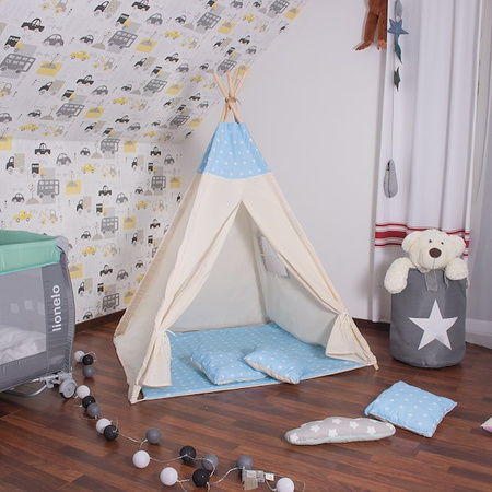 Namiot Tipi dla dzieci wigwam z poduszkami błękitny w gwiazdki