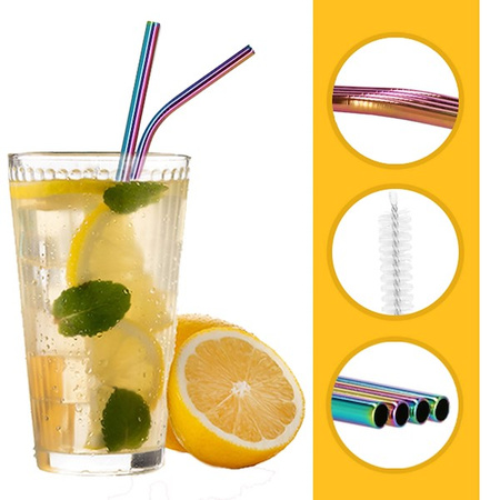Słomki metalowe do napojów 8 szt. tęczowe wielorazowe rurki z etui i szczoteczkami