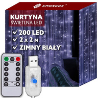 Kurtyna świetlna biały zimny 200 Led lampki wewnętrzne z programatorem USB