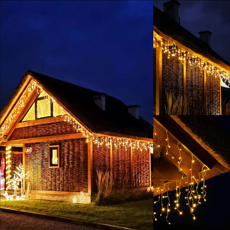 Kurtyna świetlna 300 led girlanda, lampki wewnętrzno-zewnętrzne sople ciepły biały z zimnym białym flash