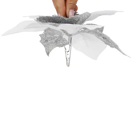 Gwiazda betlejemska sztuczny kwiat poinsecja gałązka biało-srebrny