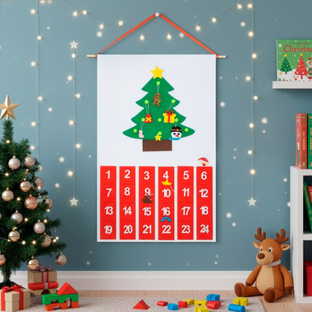 Kalendarz adwentowy na ścianę z 24 okienkami 10 ozdobami na choinkę, dekoracja świąteczna
