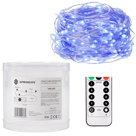 Lampki choinkowe 100 Led z pilotem druciki na baterie niebieski wodoszczelne