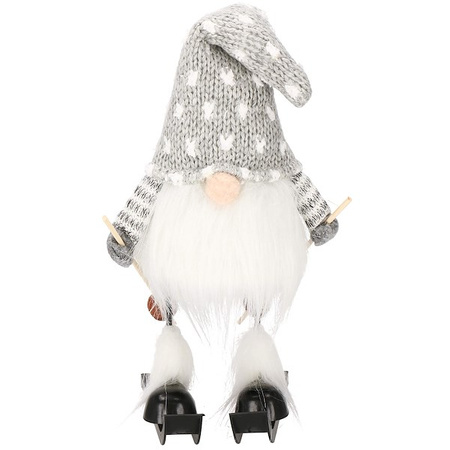 Skrzat na nartach 34 cm ozdoba świąteczna, ruchomy krasnal świąteczny, gnom szary