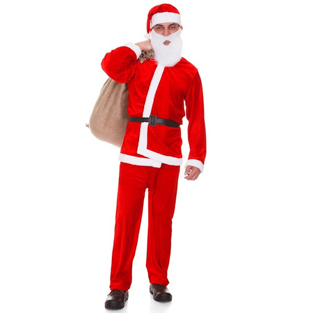 Strój świętego Mikołaja 7 elementowy z workiem jutowym czerwony kostium
