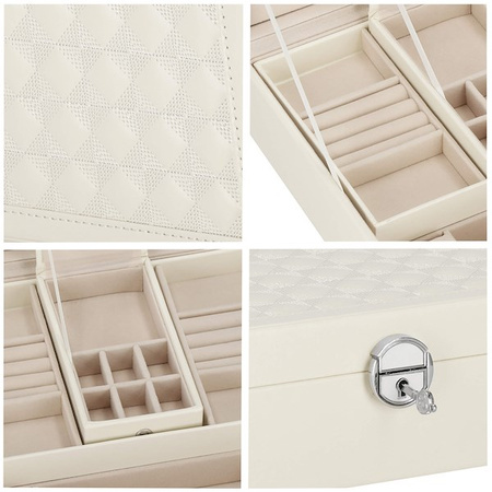 Kuferr, szkatułka na biżuterię ekoskóra 25x25x8,5 cm kremowy z przegródkami