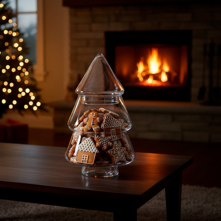 Pojemnik szklany, zamykany, bombonierka choinka 23 cm na słodycze, dekoracje świąteczne, bezbarwny