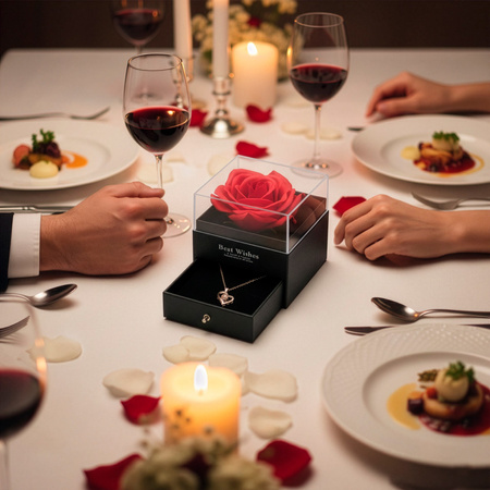 Wieczna róża z naszyjnikiem i pudełkiem prezentowym na dzień kobiet walentynki dla niej