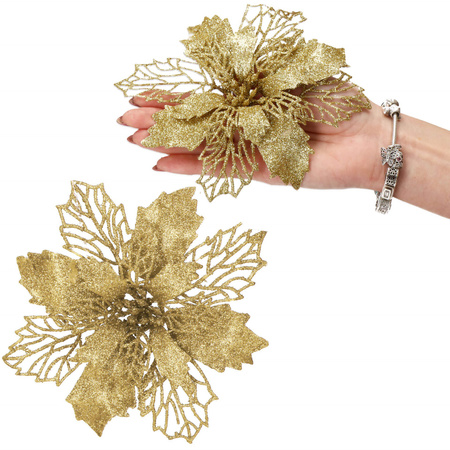 Gwiazda betlejemska, sztuczny kwiat, poinsecja ażurowa złota z brokatem