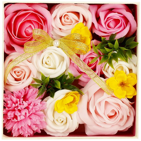 Kwiaty mydlane 15 szt. róże w pudełku prezentowym Flower box różowe, kremowe, żółte