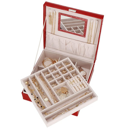 Kufer, szkatułka na biżuterię ekoskóra 26x26x8,5 cm czerwony z przegródkami