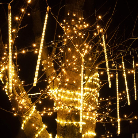Lampki choinkowe 144 Led sople 8 szt. padający śnieg meteory zewnętrzne biały ciepły