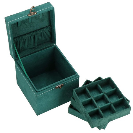 Kuferek, szkatułka na biżuterię 12x12x12 cm zielony welurowy organizer z przegródkami