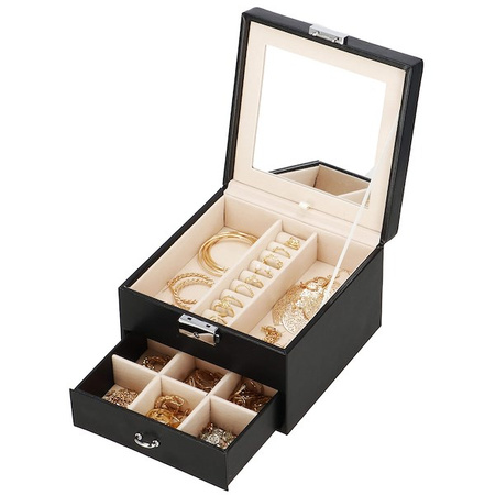 Kufer, szkatułka na biżuterię ekoskóra 16x16x11 cm czarny z szufladą i lusterkiem