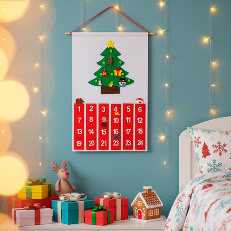 Kalendarz adwentowy na ścianę z 24 okienkami 10 ozdobami na choinkę, dekoracja świąteczna