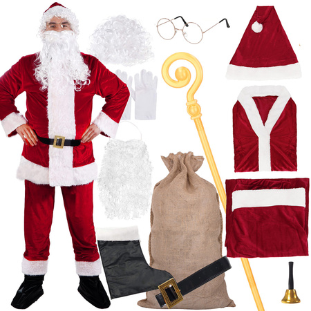 Strój św. Mikołaja 12 elementów, kostium welurowy przebranie czerwony