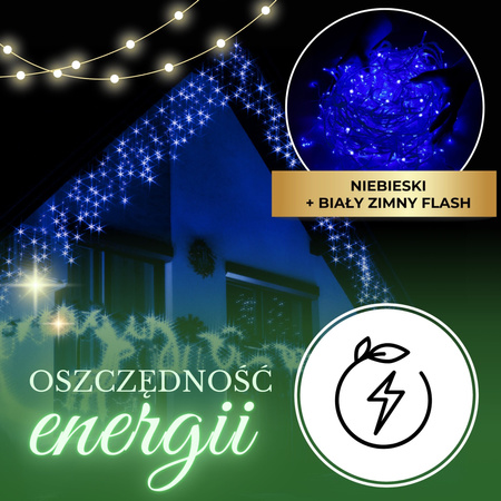 Kurtyna świetlna 300 led girlanda, lampki wewnętrzno-zewnętrzne 14,5 m sople niebieski z zimnym białym flash