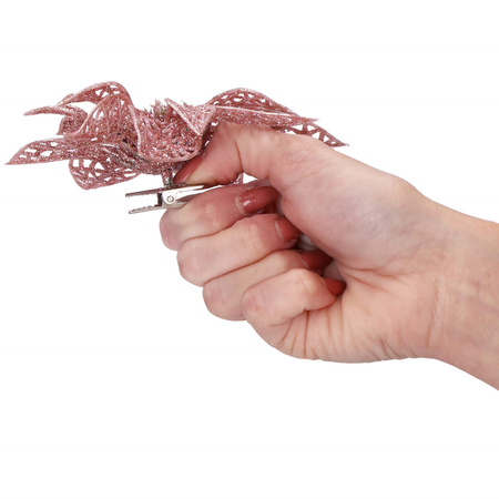 Gwiazda betlejemska 2 szt. sztuczny kwiat, poinsecja ażurowa, różowa z brokatem na klipsie