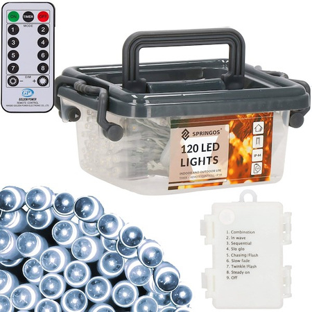 Lampki choinkowe 120 Led biały zimny z programatorem i pilotem na baterie