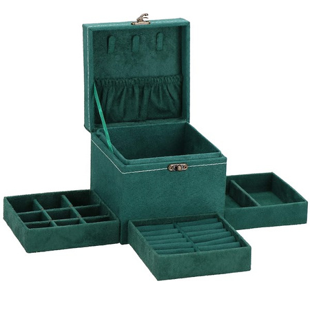 Kuferek, szkatułka na biżuterię 12x12x12 cm zielony welurowy organizer z przegródkami