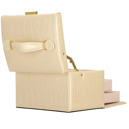 Kuferek, szkatułka na biżuterię 17,5x14x12,5 cm ecru z szufladami i lusterkiem