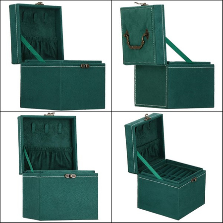 Kuferek, szkatułka na biżuterię 12x12x12 cm zielony welurowy organizer z przegródkami