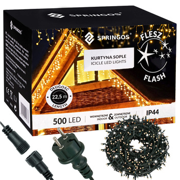 Kurtyna świetlna 500 led girlanda, lampki zewnętrzne sople ciepły biały + flash