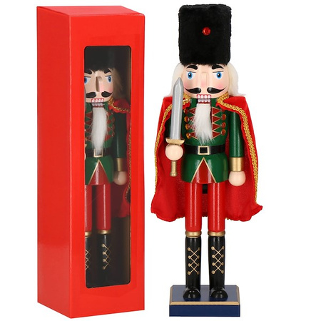 Dziadek do orzechów 38 cm z mieczem, drewniany żołnierzyk zielono-czerwony, figurka świąteczna