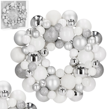 Wianek świąteczny z bombek, dekoracyjny wieniec na drzwi 34 cm stroik srebrny