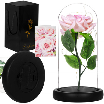Wieczna róża w szklanym kloszu 22 cm świecąca dekoracja LED sztuczny kwiat różowy