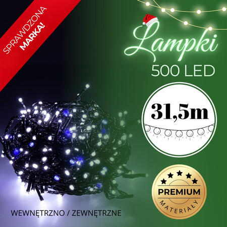 Lampki choinkowe 500 led biały zimny + niebieski flash 31,5 oświetlenie świąteczne IP44